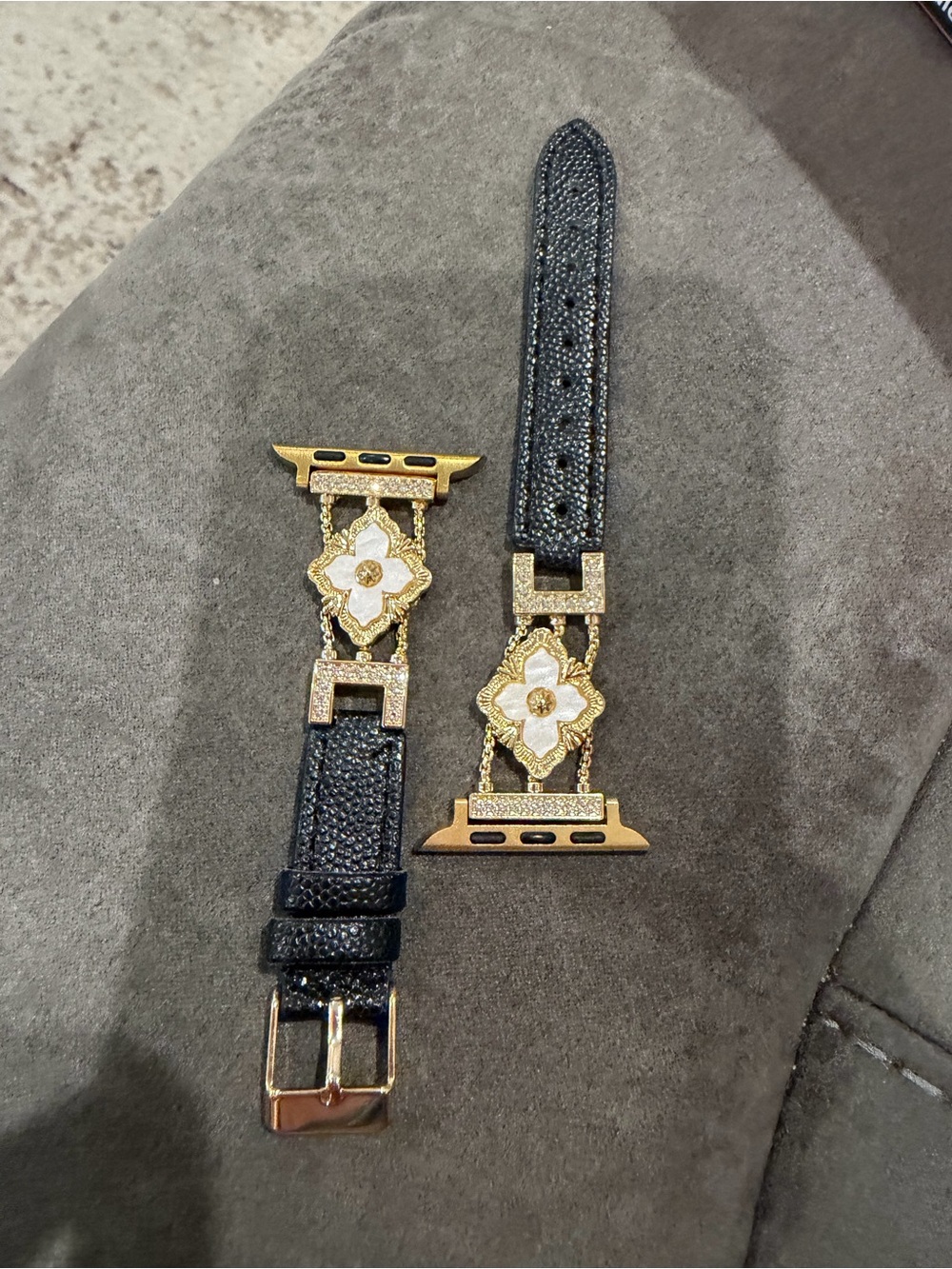 Black Leather Apple Watch Band with Gold Floral Accents 38-49mm